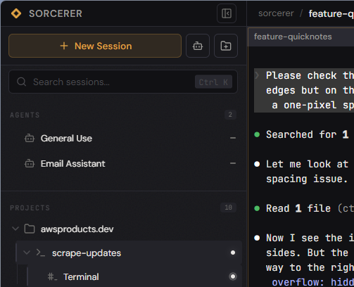 Sorcerer sidebar — projects, sessions list with search and status indicators