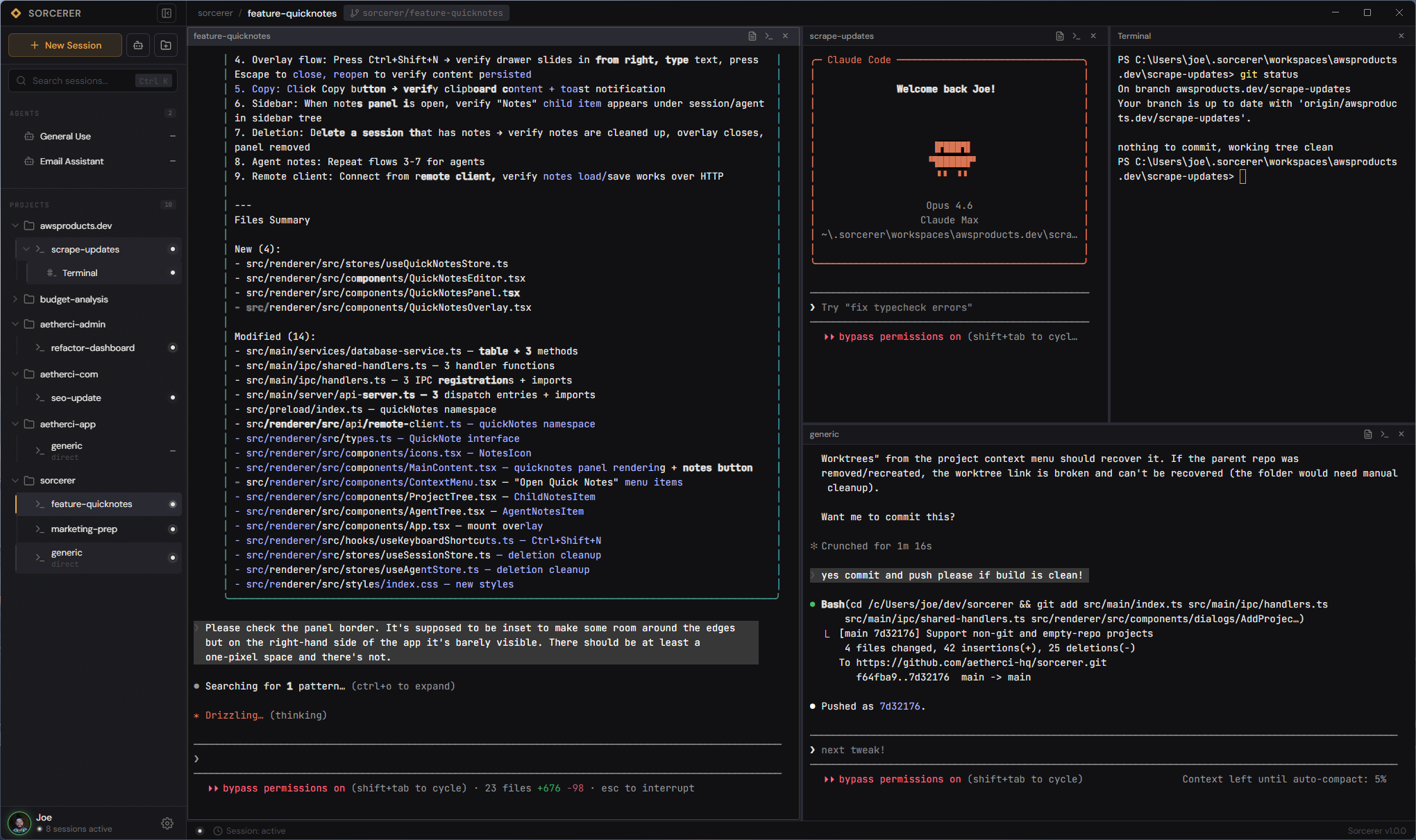 Sorcerer desktop app — multiple Claude Code sessions running in parallel with sidebar navigation and terminal output
